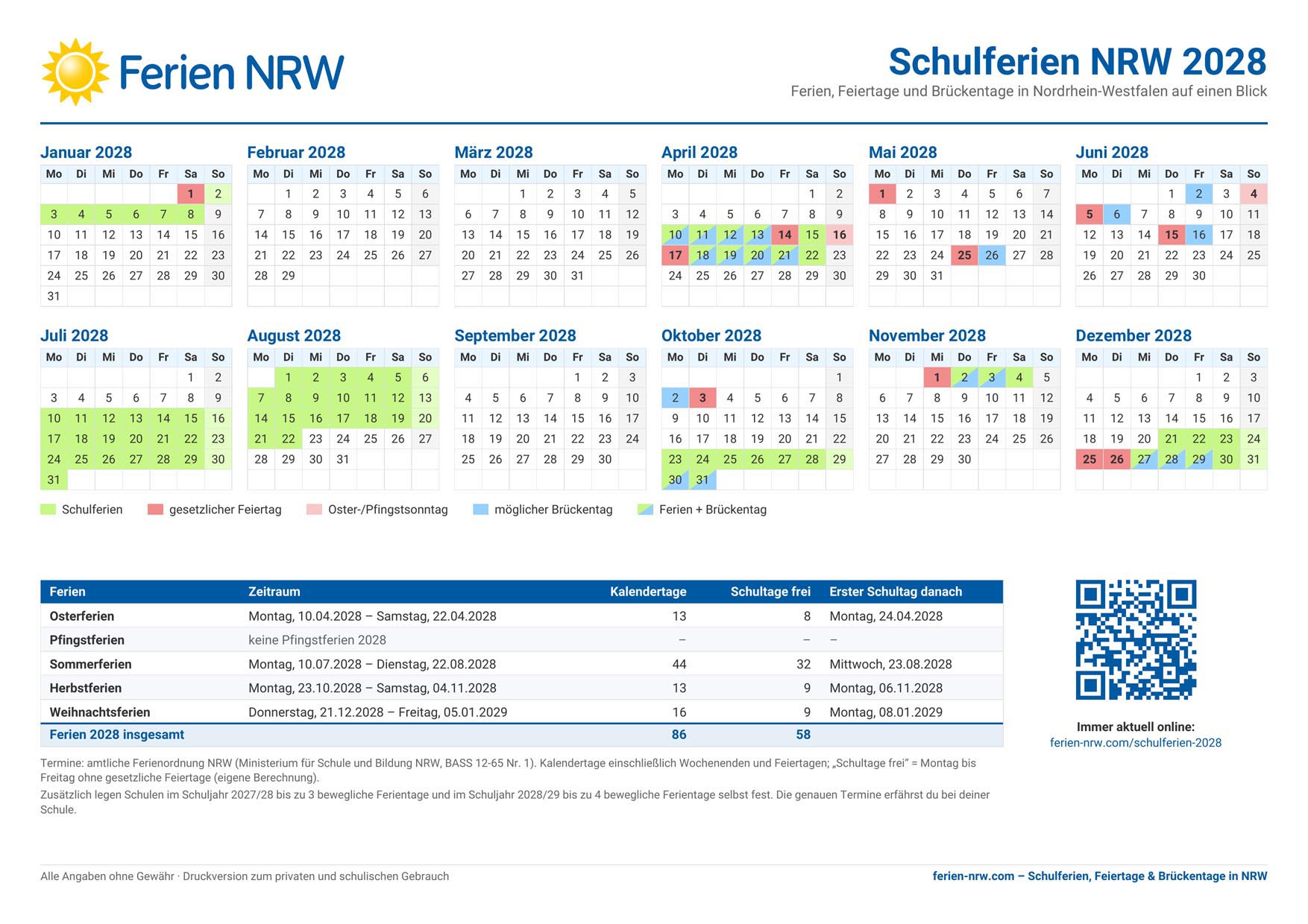 Ferienkalender NRW 2028 zum Ausdrucken: Schulferien, Feiertage und Brückentage in Nordrhein-Westfalen