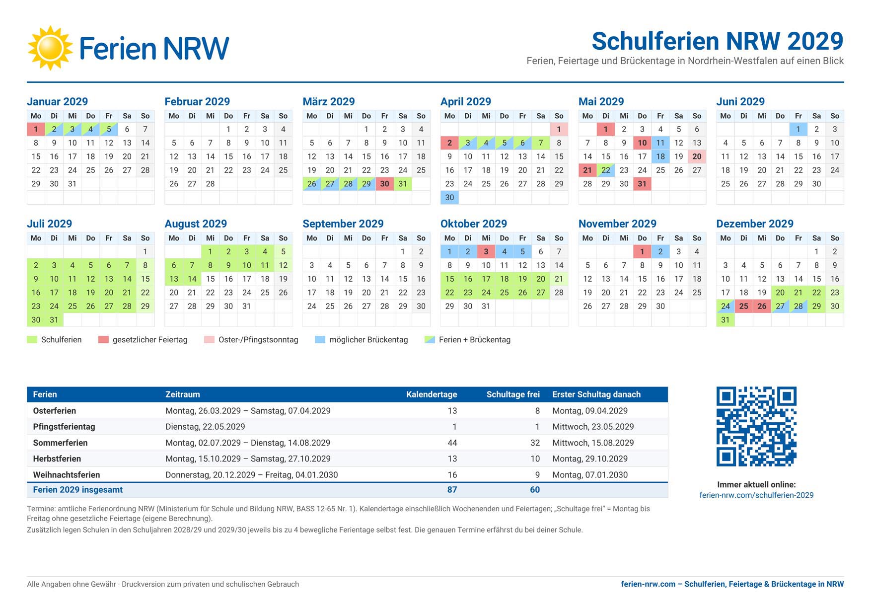 Ferienkalender NRW 2029 zum Ausdrucken: Schulferien, Feiertage und Brückentage in Nordrhein-Westfalen