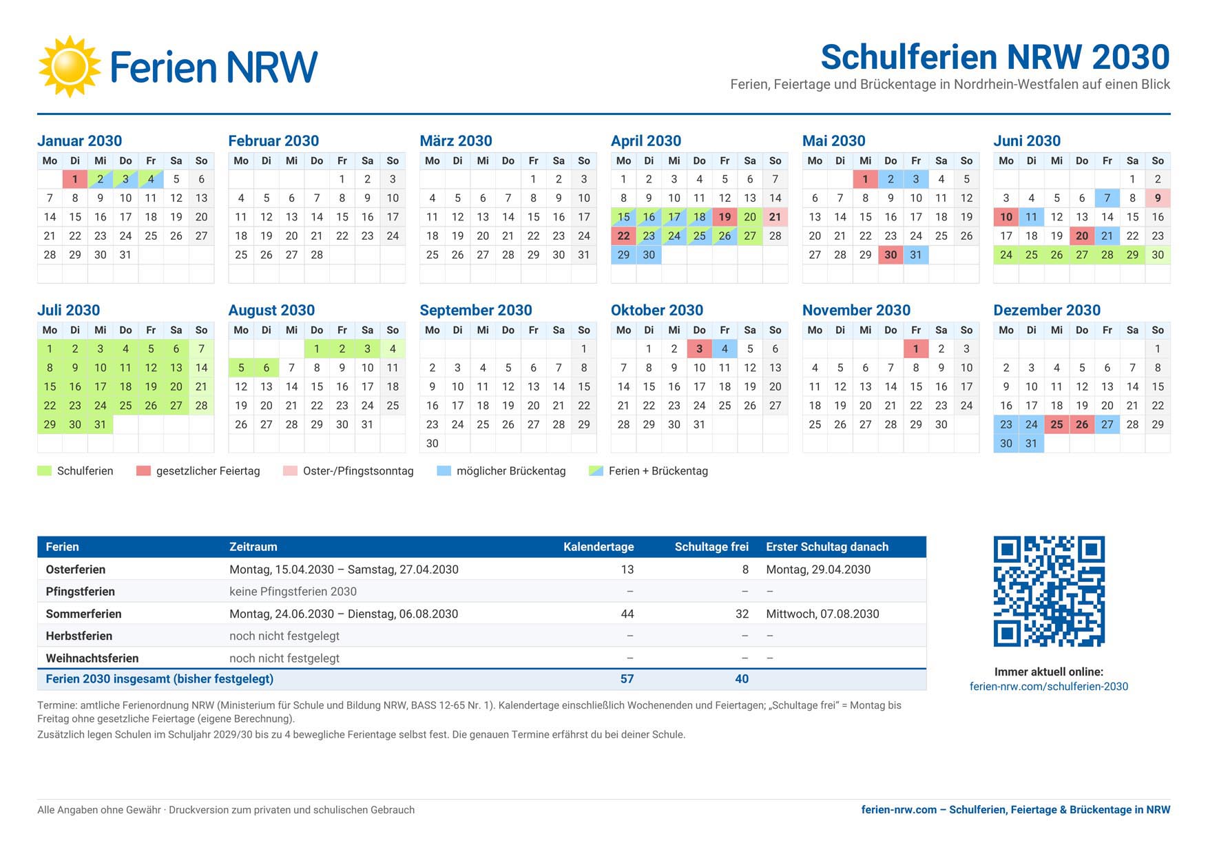 Ferienkalender NRW 2030 zum Ausdrucken: Schulferien, Feiertage und Brückentage in Nordrhein-Westfalen